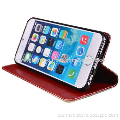 Leather wallet case for iPhone 6, pearl cross grain pull-in, ultra-thin with holderNew
